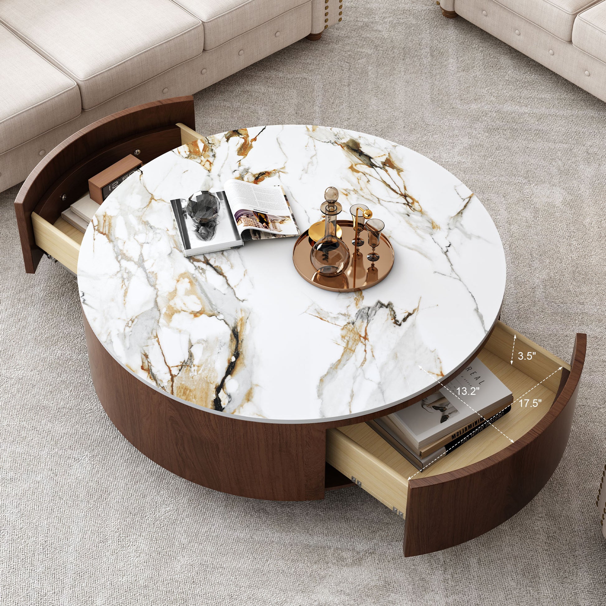 Rustic Round Coffee Table - Walnut Brown & Sintered Stone