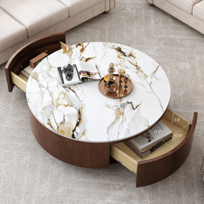 Rustic Round Coffee Table - Walnut Brown & Sintered Stone