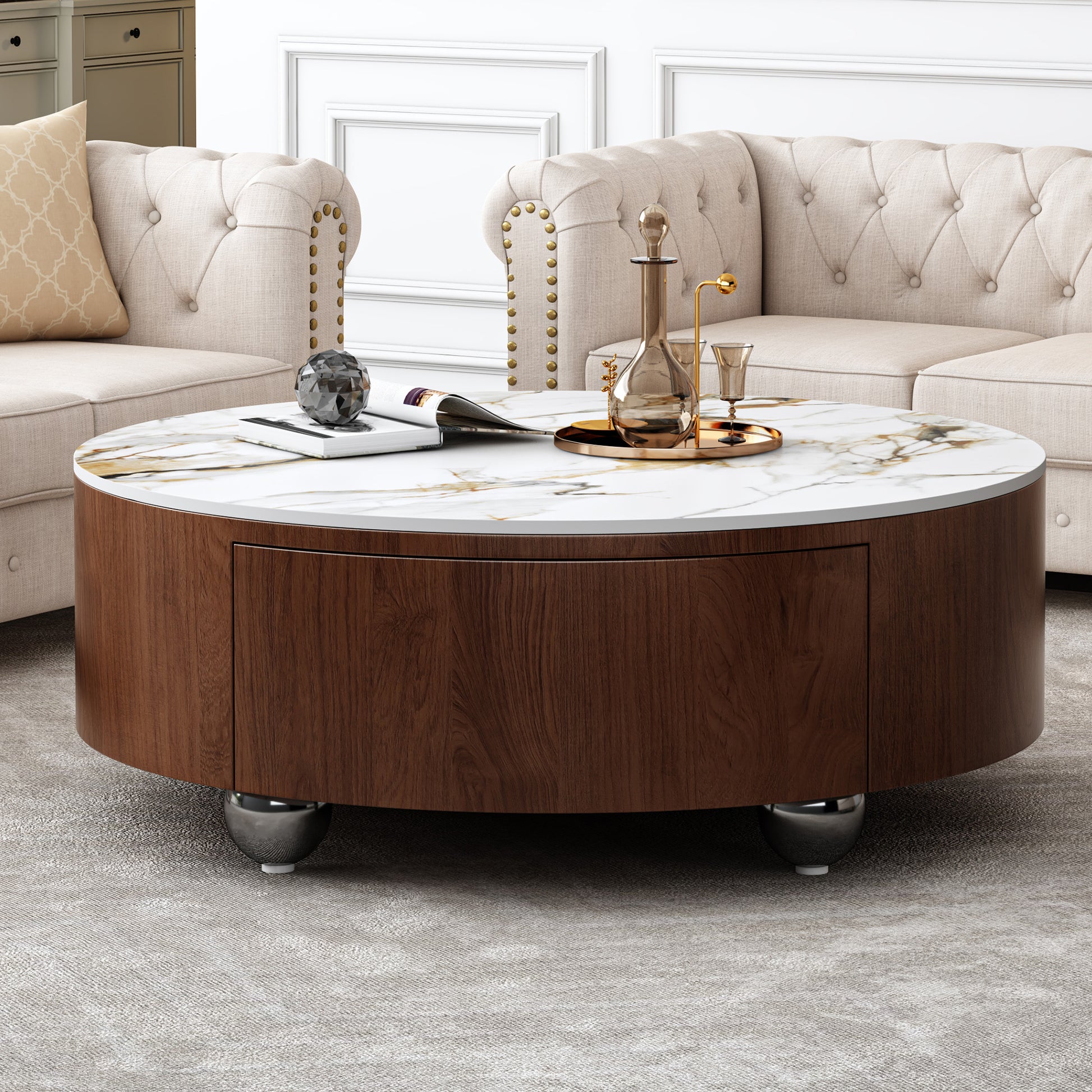 Rustic Round Coffee Table - Walnut Brown & Sintered Stone