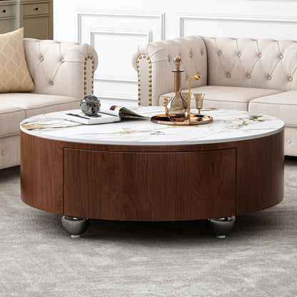 Rustic Round Coffee Table - Walnut Brown & Sintered Stone