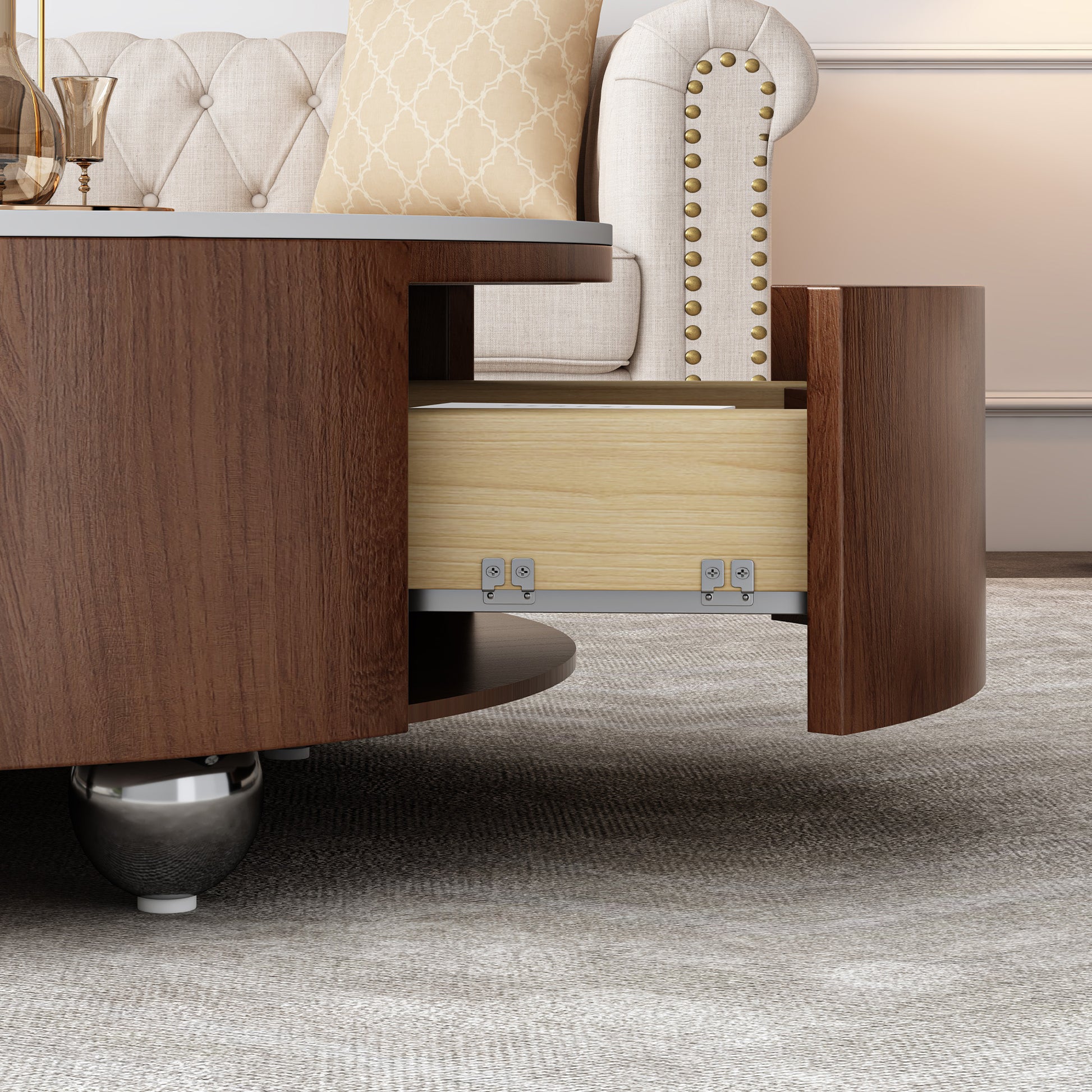 Rustic Round Coffee Table - Walnut Brown & Sintered Stone