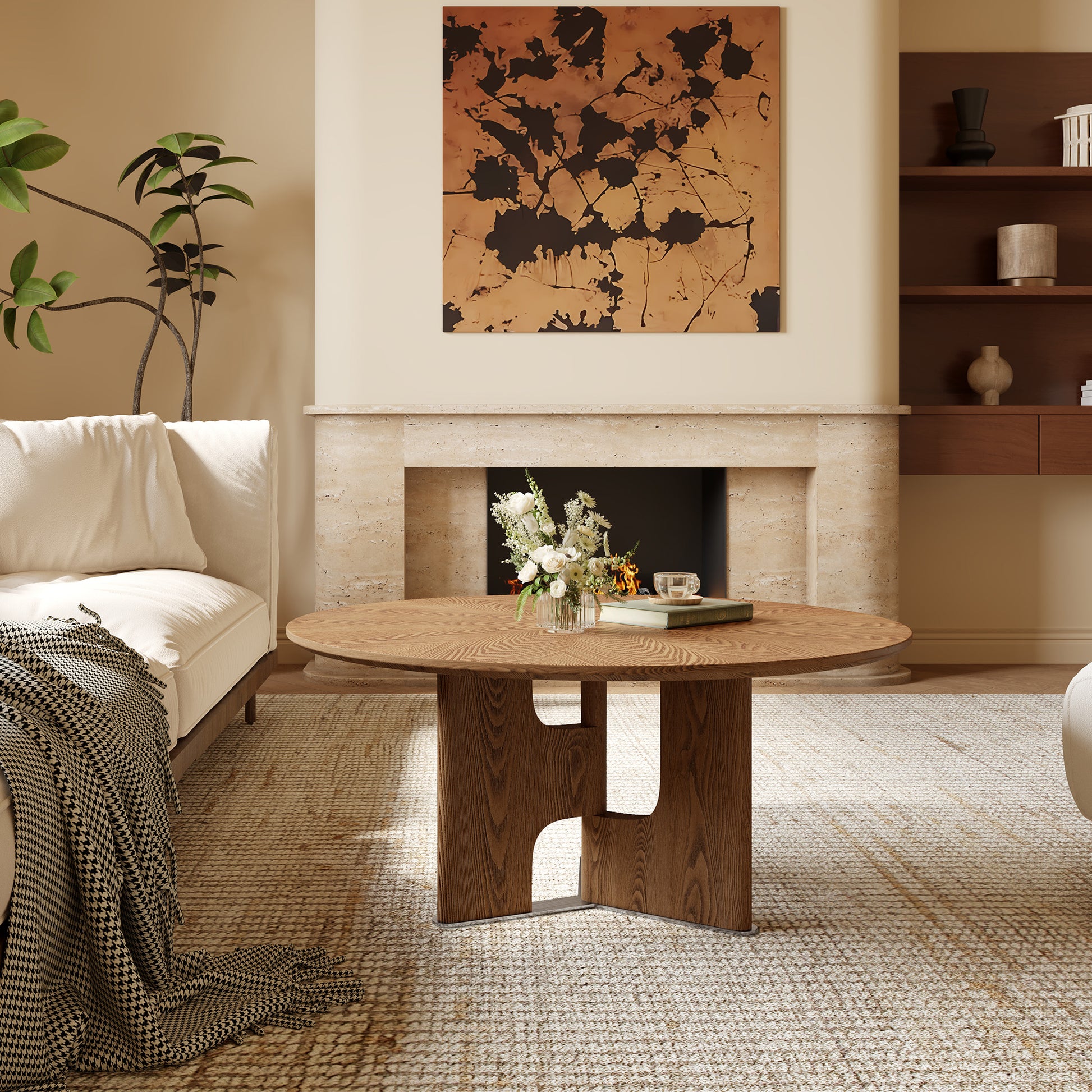 80cm Round Walnut Wood Coffee Table - Small Living Room