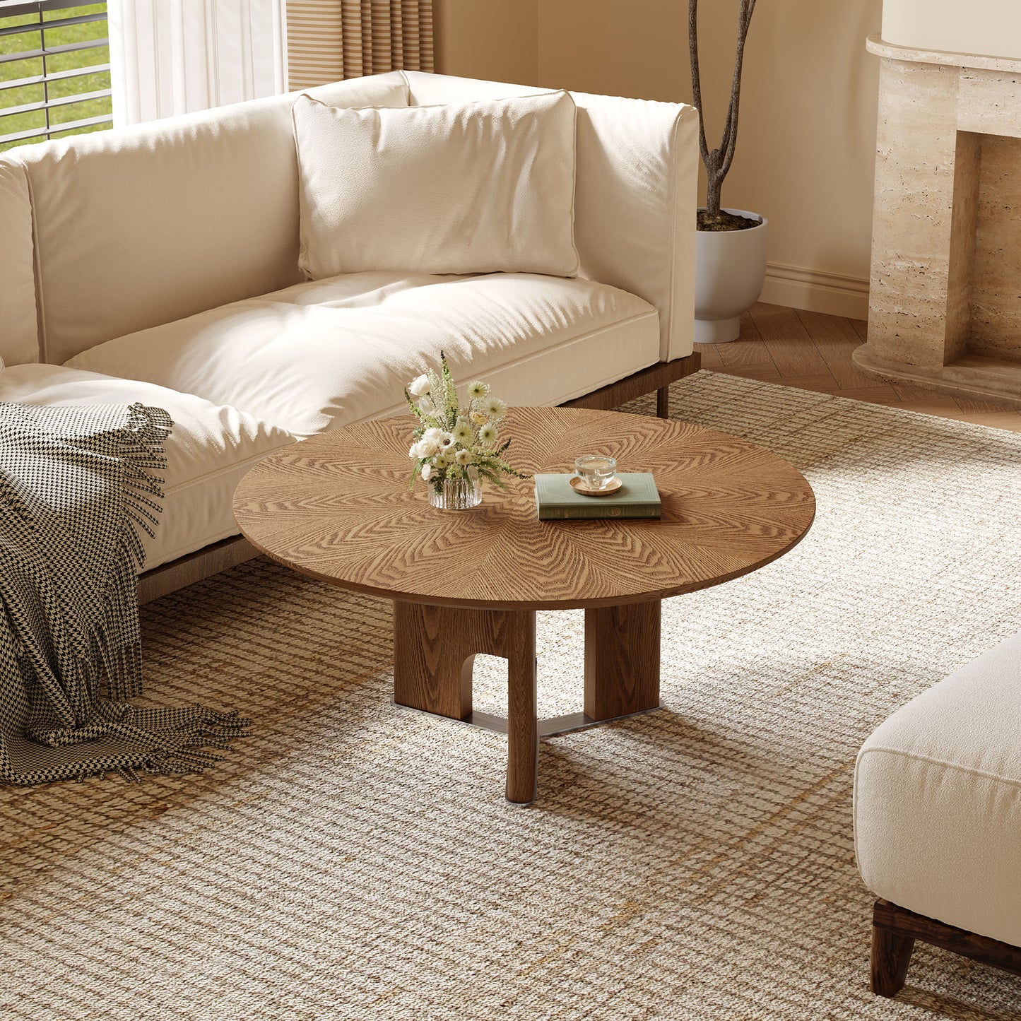 80cm Round Walnut Wood Coffee Table - Small Living Room