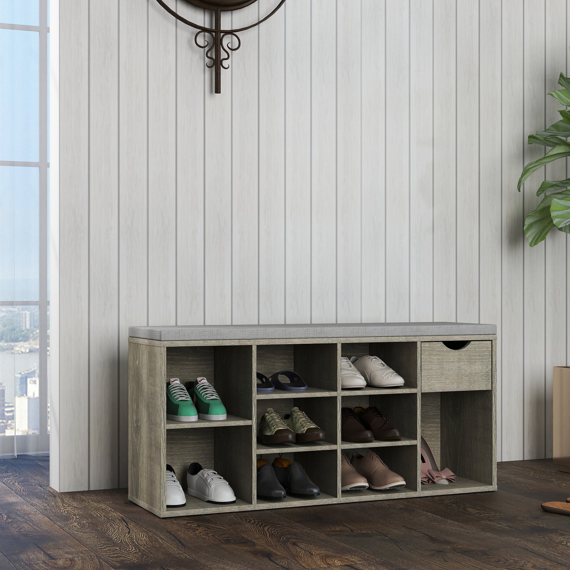 Gray Shoe Storage Bench with Cushion & Drawer - Entryway Bench