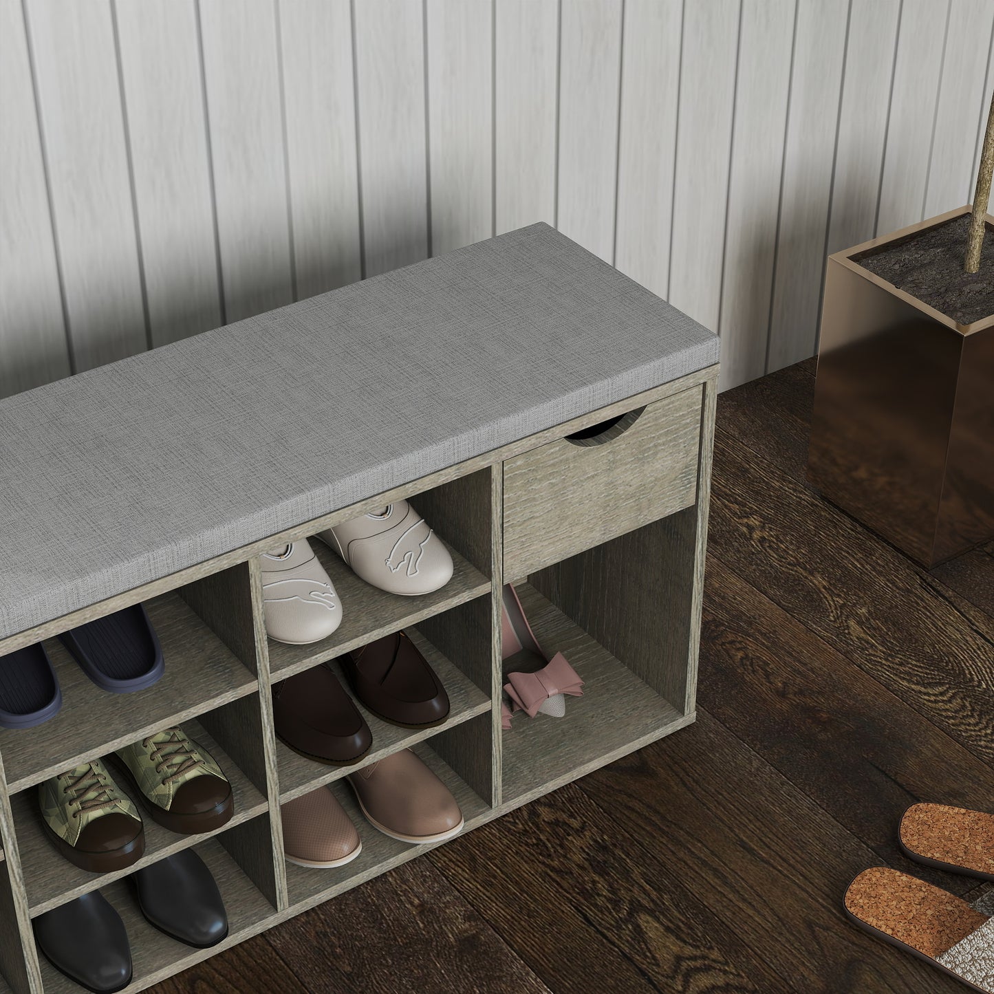 Gray Shoe Storage Bench with Cushion & Drawer - Entryway Bench