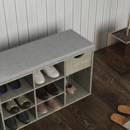 Gray Shoe Storage Bench with Cushion & Drawer - Entryway Bench