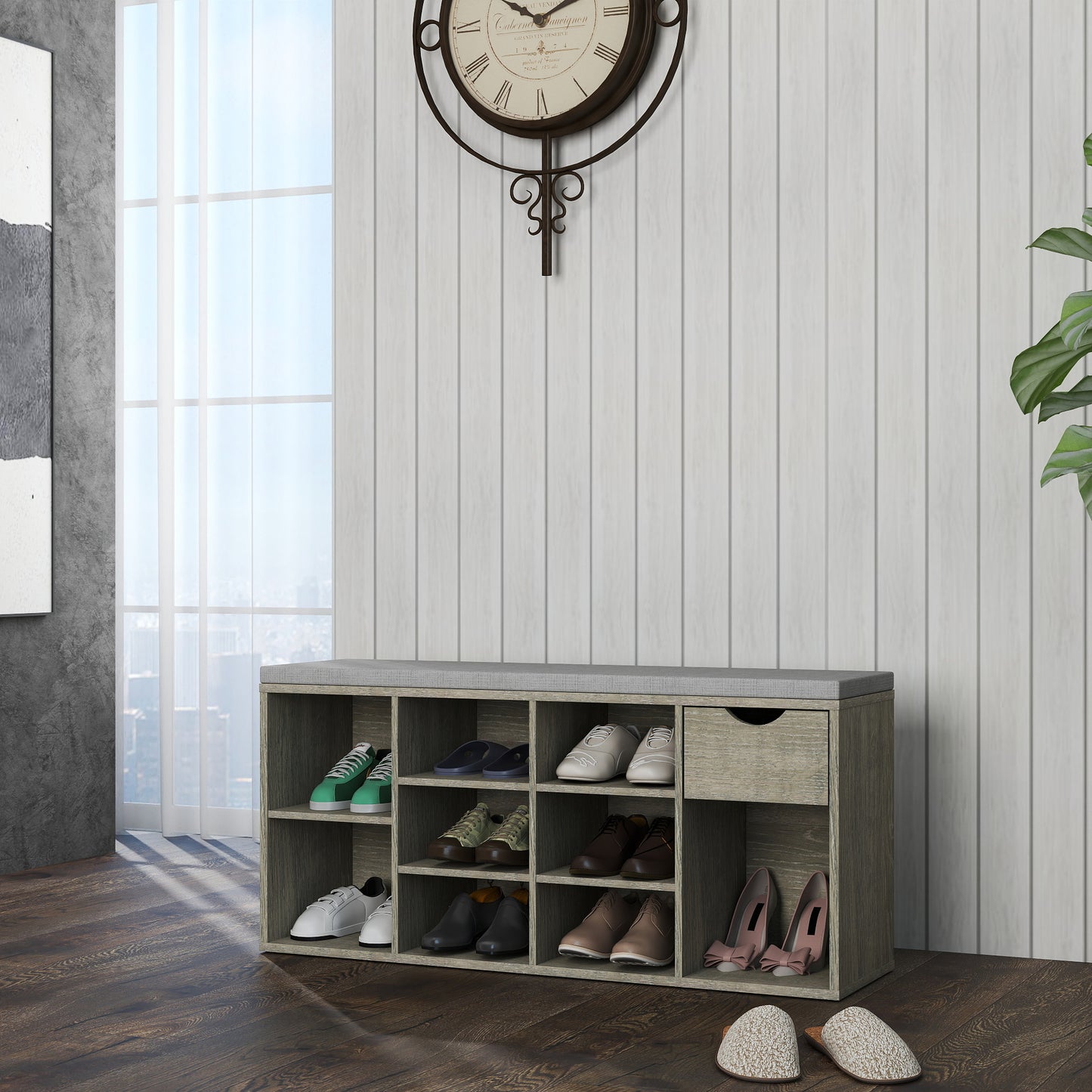 Gray Shoe Storage Bench with Cushion & Drawer - Entryway Bench