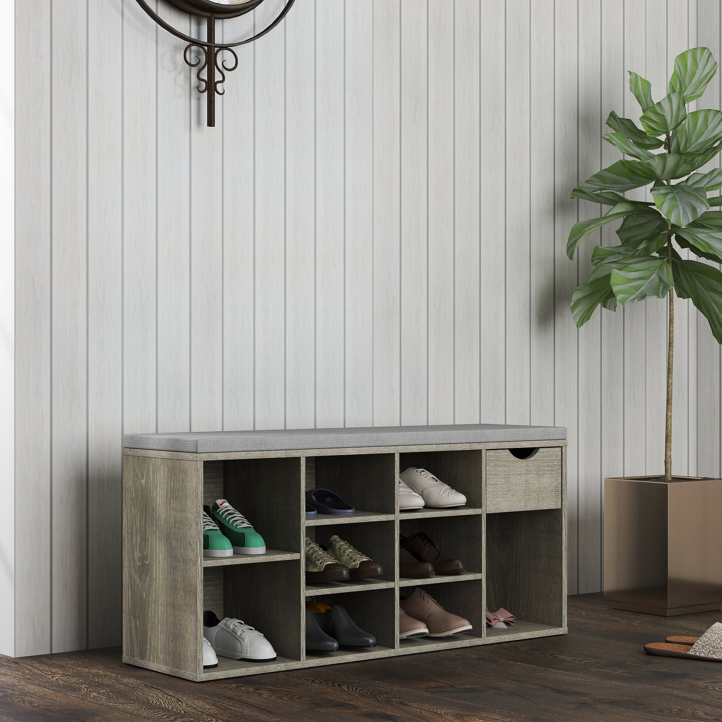 Gray Shoe Storage Bench with Cushion & Drawer - Entryway Bench