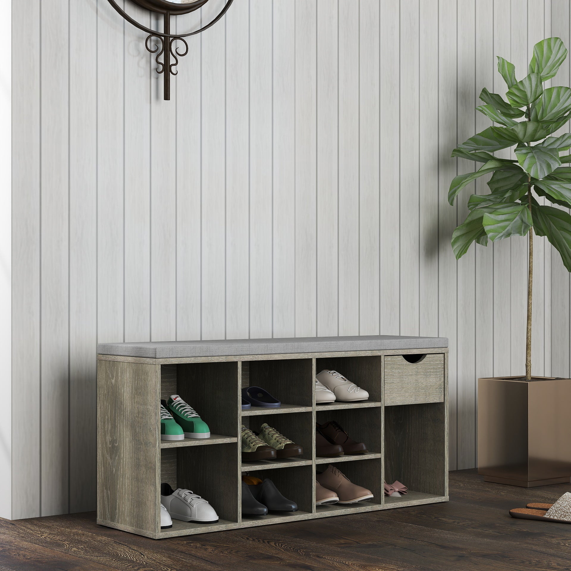 Gray Shoe Storage Bench with Cushion & Drawer - Entryway Bench