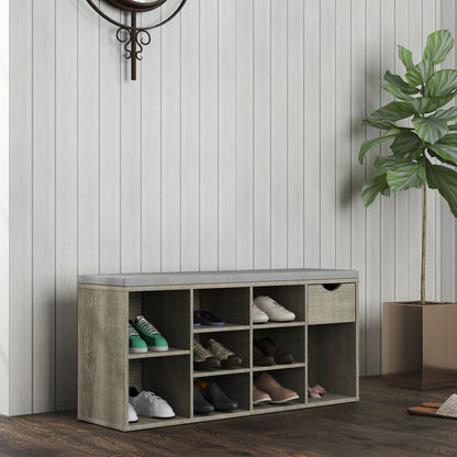 Gray Shoe Storage Bench with Cushion & Drawer - Entryway Bench