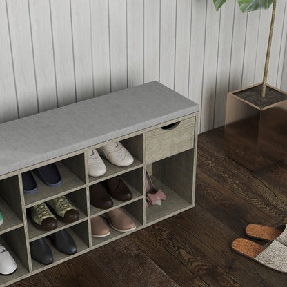 Gray Shoe Storage Bench with Cushion & Drawer - Entryway Bench