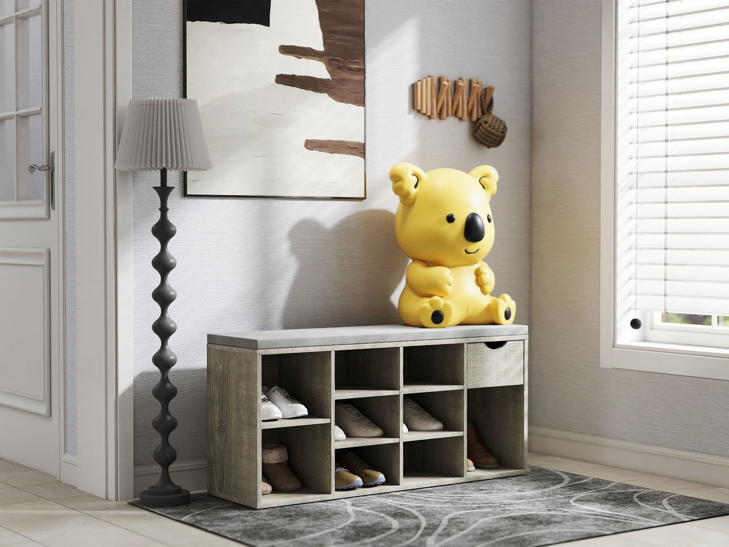 Storage Bench, Shoe Bench, Entryway Bench with Padded Cushion, Drawer and Open Compartments, Bench with Storage, 3 Tier Shoe Rack Bench