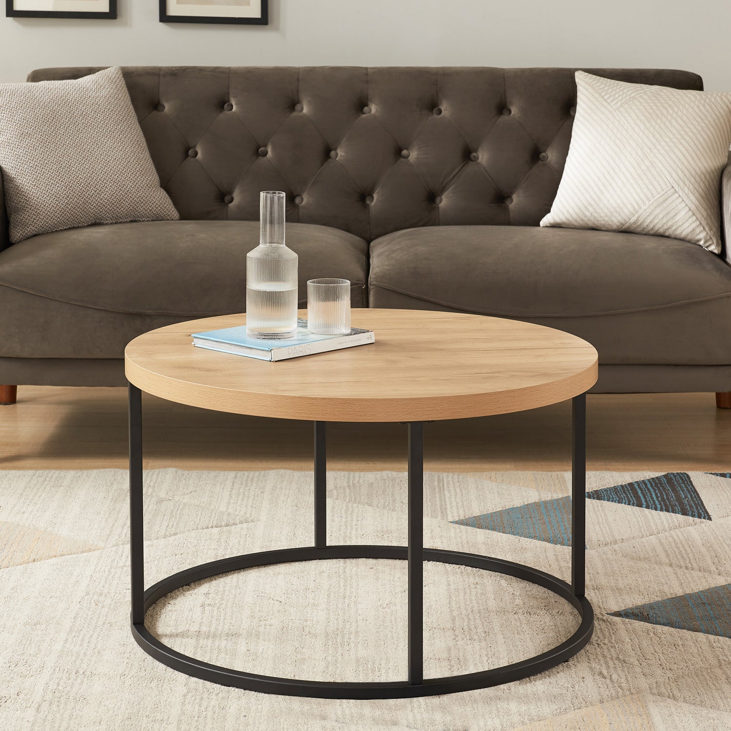31.5" Round Coffee Table for Living Room, Modern Industrial Wood Circle Center Table with Sturdy Metal Legs, Thick Scratch-Resistant Top, Natural Oak Finish