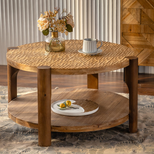 Round Coffee Table with Solid Wood for Living Room, 2-Tier Round Coffee Table with Storage Shelf, Mid Century Modern Coffee Table , Home Small Space, Easy Assembly