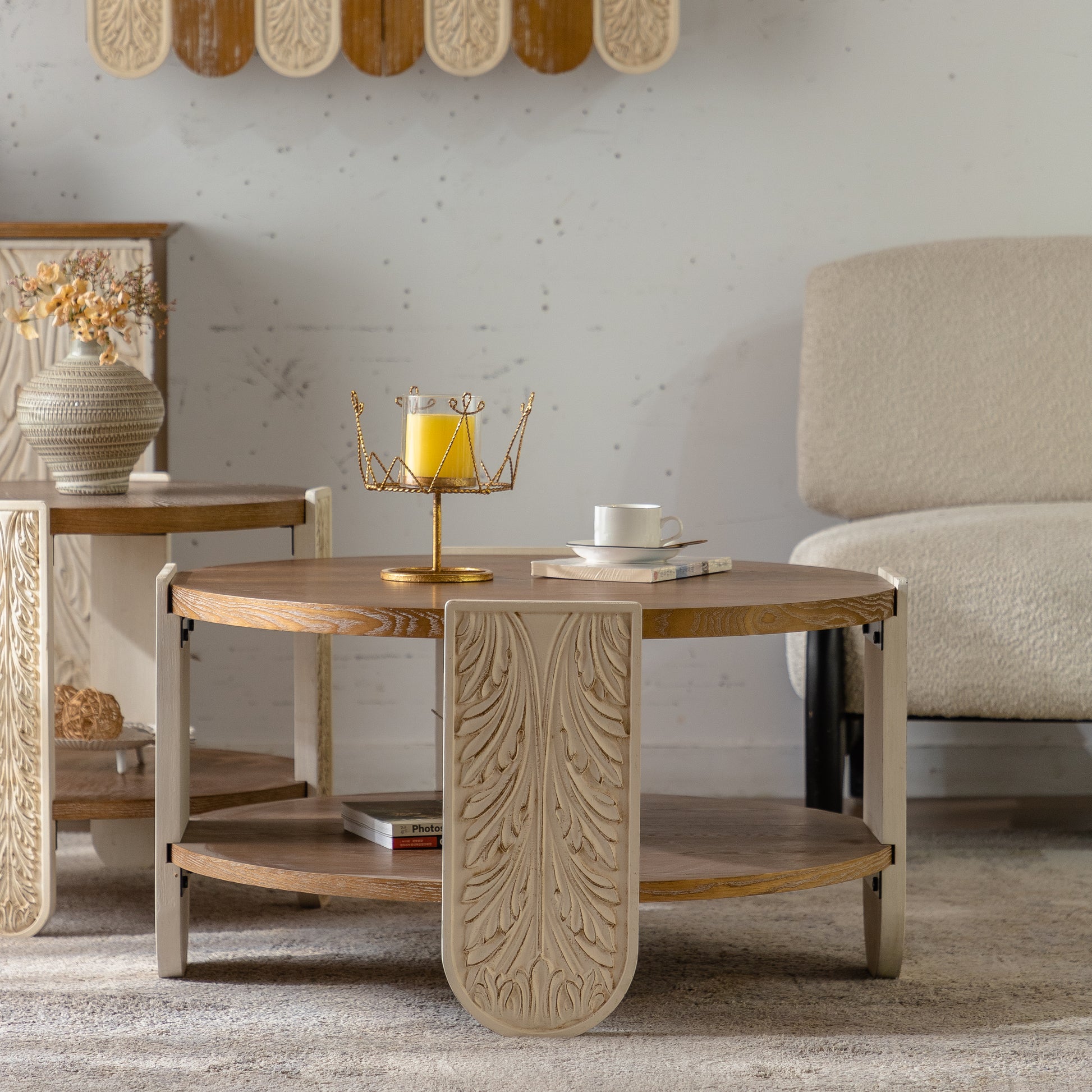 Carved Wooden Coffee Table, Retro End Table with Double-Layer Storage, Small Side Table for Living Room, Palace Style Bedside Table for Small Spaces