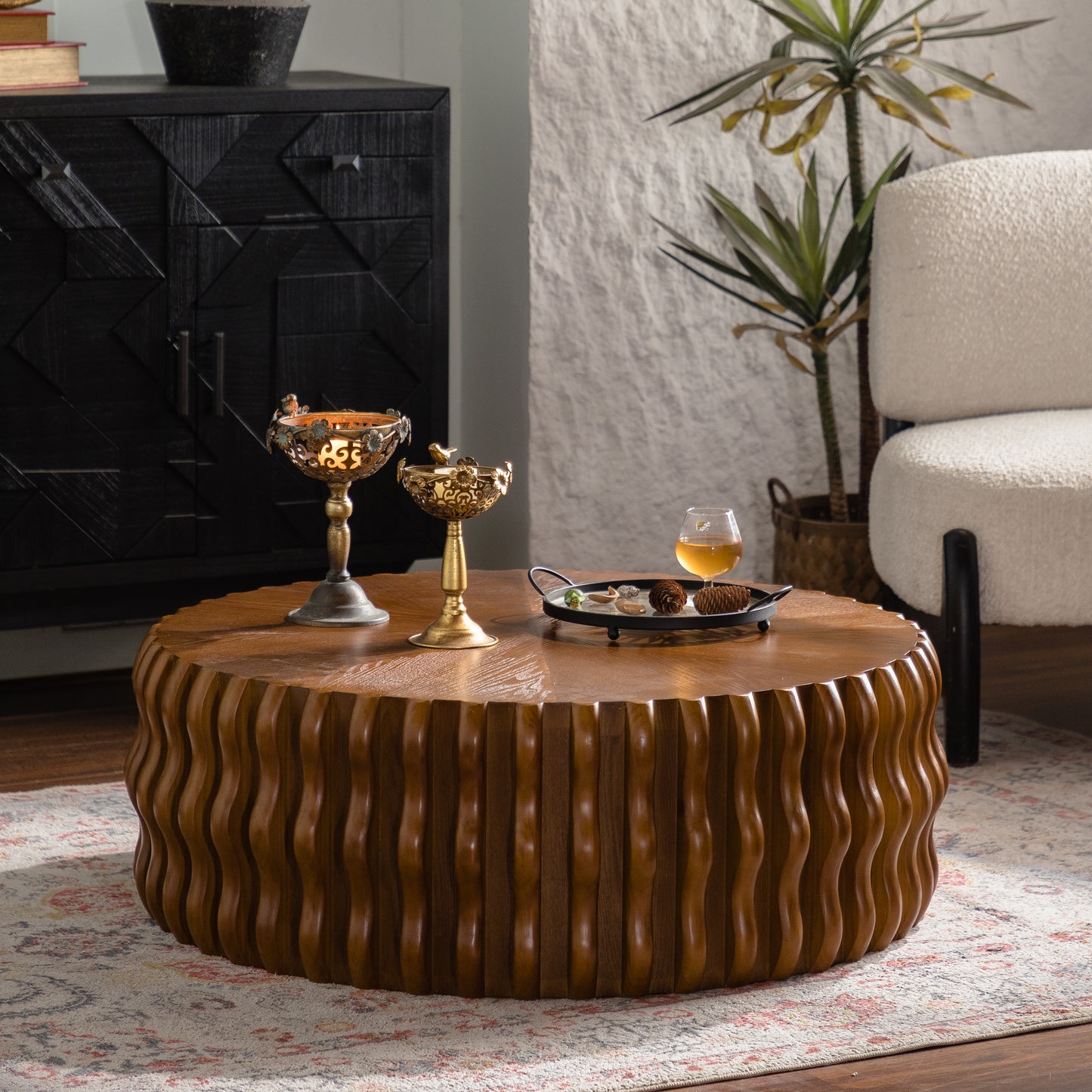 37.4" Ribbed Wave Round Coffee Table - Solid Wood & MDF Mid-Century Center Table, Brown Modern Drum Fluted Coffee Table for Living Room/Apartment (Fully Assembled)