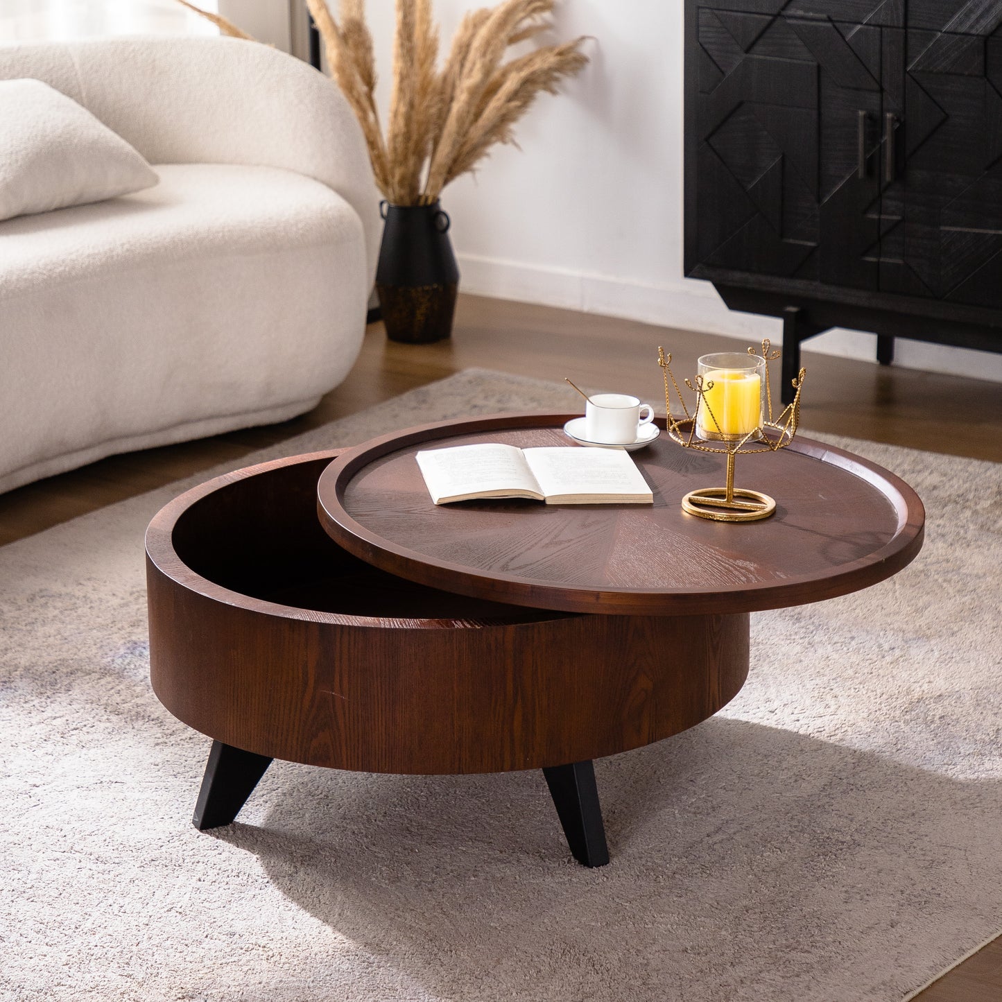 30.71" Round Coffee Table with Hidden Storage - Solid Wood & MDF Mid-Century Modern Coffee Table, Dark Wood Finish with Black Legs for Living Room/Apartment