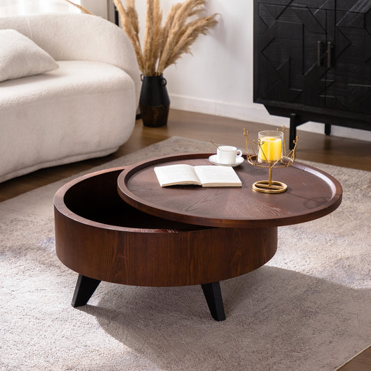 30.71" Round Coffee Table with Hidden Storage - Solid Wood & MDF Mid-Century Modern Coffee Table, Dark Wood Finish with Black Legs for Living Room/Apartment