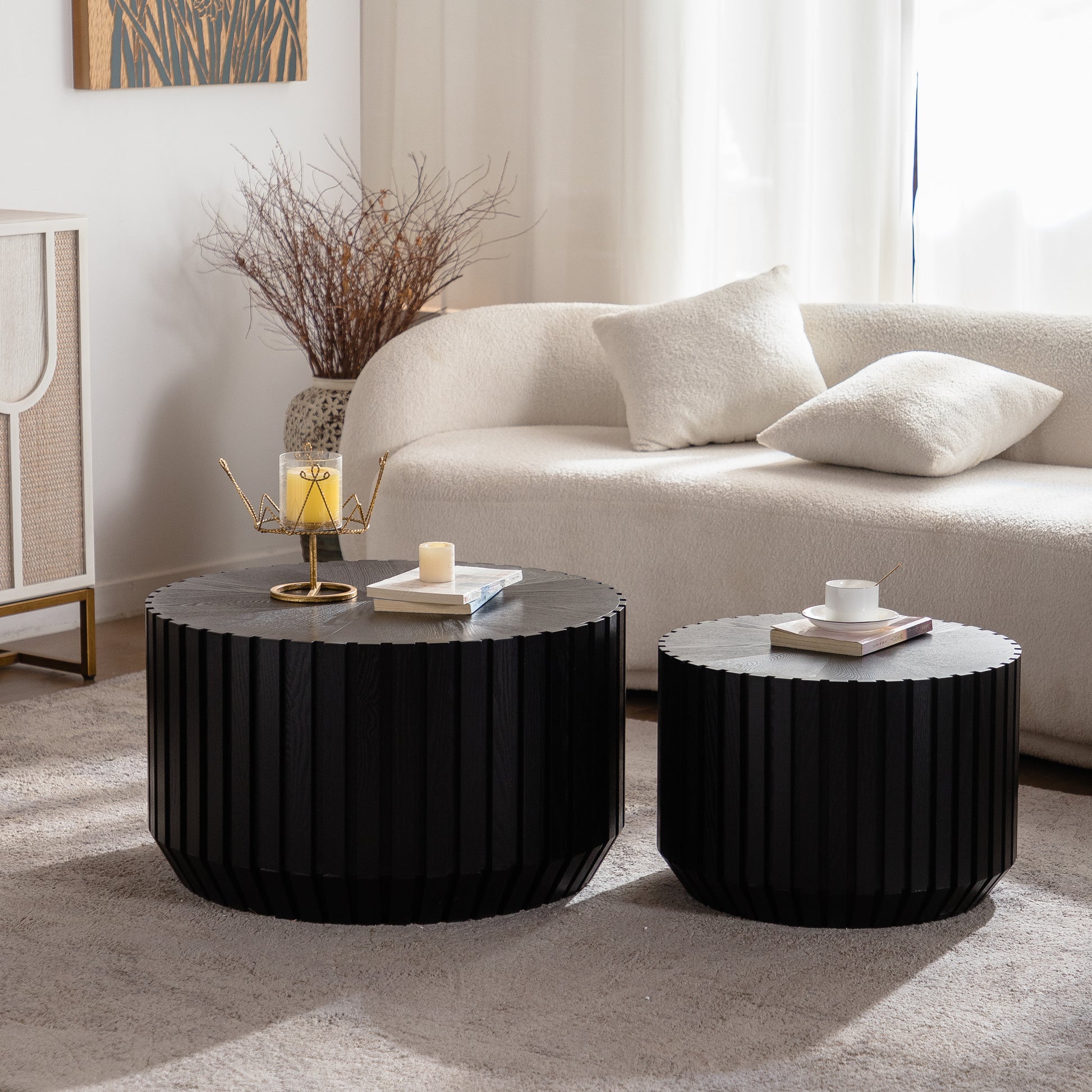 Black Fluted Coffee Table Set - 2 Piece Nesting Tables