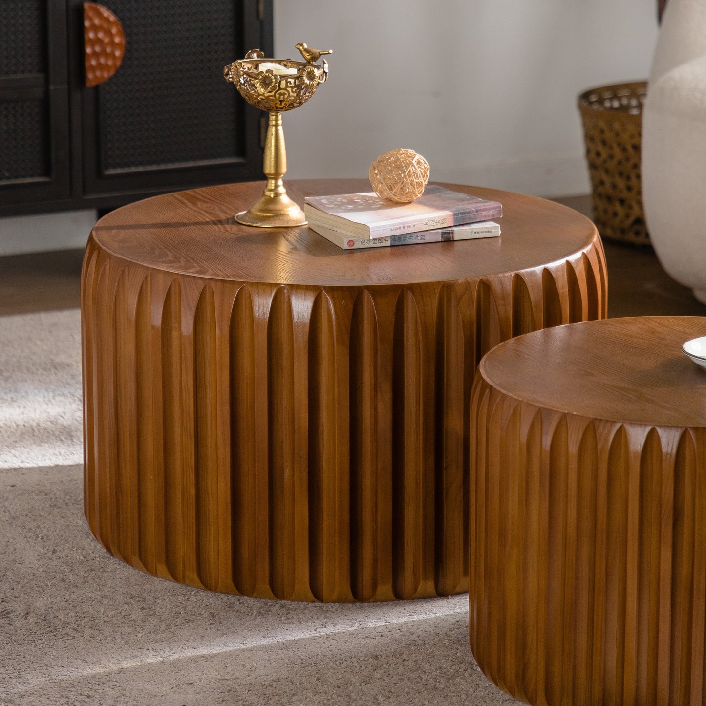 Walnut Wood Nesting Coffee Table Set - 2 Piece Round Tables for Living Room