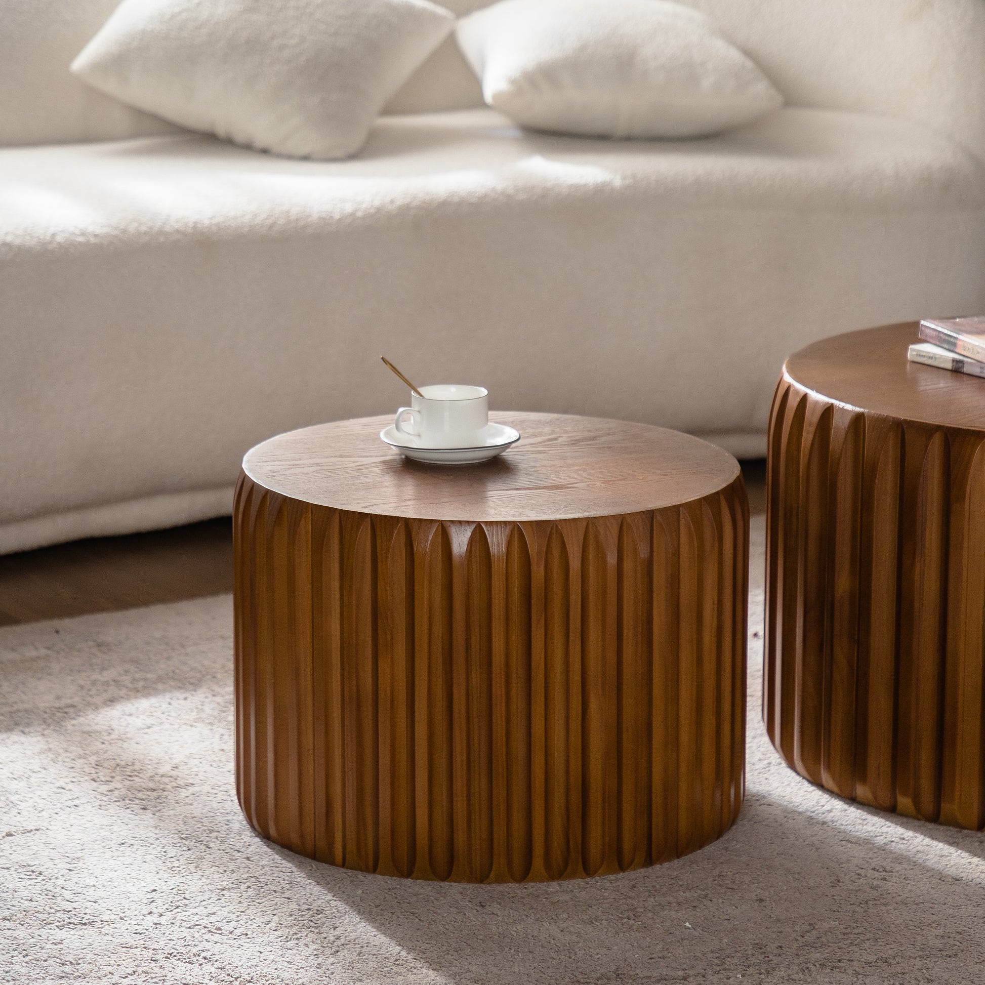 Walnut Wood Nesting Coffee Table Set - 2 Piece Round Tables for Living Room