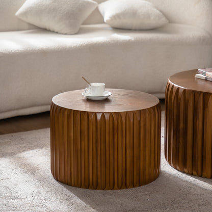 Walnut Wood Nesting Coffee Table Set - 2 Piece Round Tables for Living Room