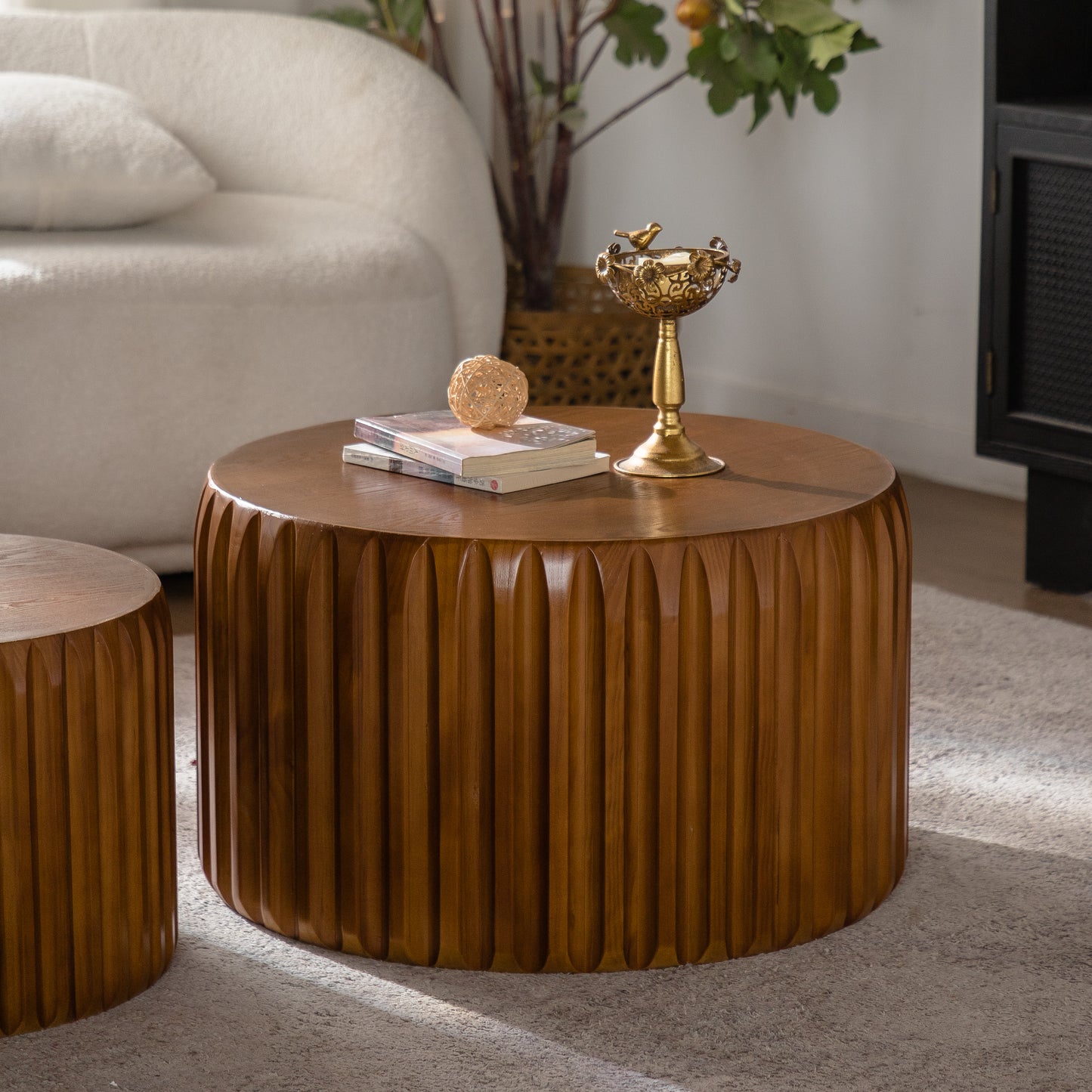 Walnut Wood Nesting Coffee Table Set - 2 Piece Round Tables for Living Room