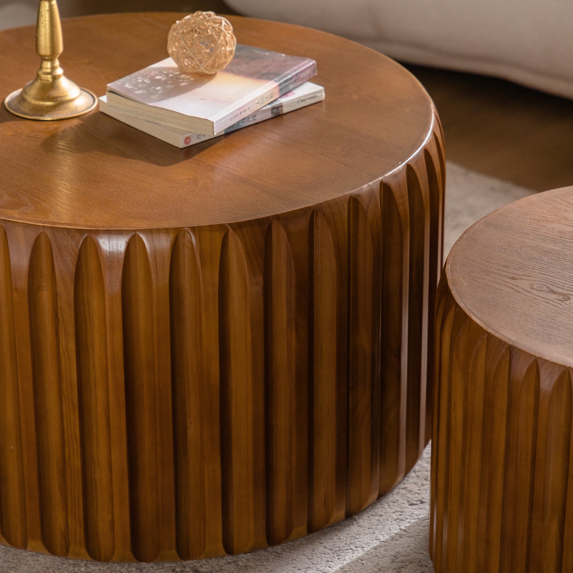 Walnut Wood Nesting Coffee Table Set - 2 Piece Round Tables for Living Room
