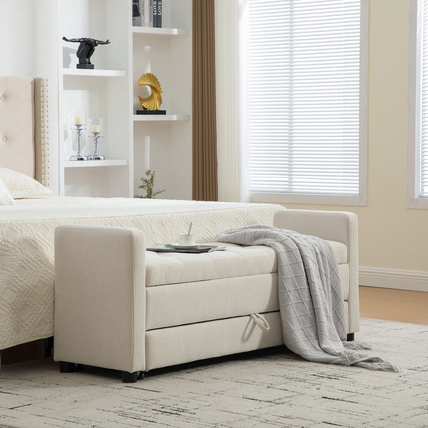 58.27" Wide Modern Upholstered Storage Bench With Double Storage Space, Napped fabric Foot Stool With Rolled Armrest For Living Room,Entryway,Dormitory,Bedroom,Beige