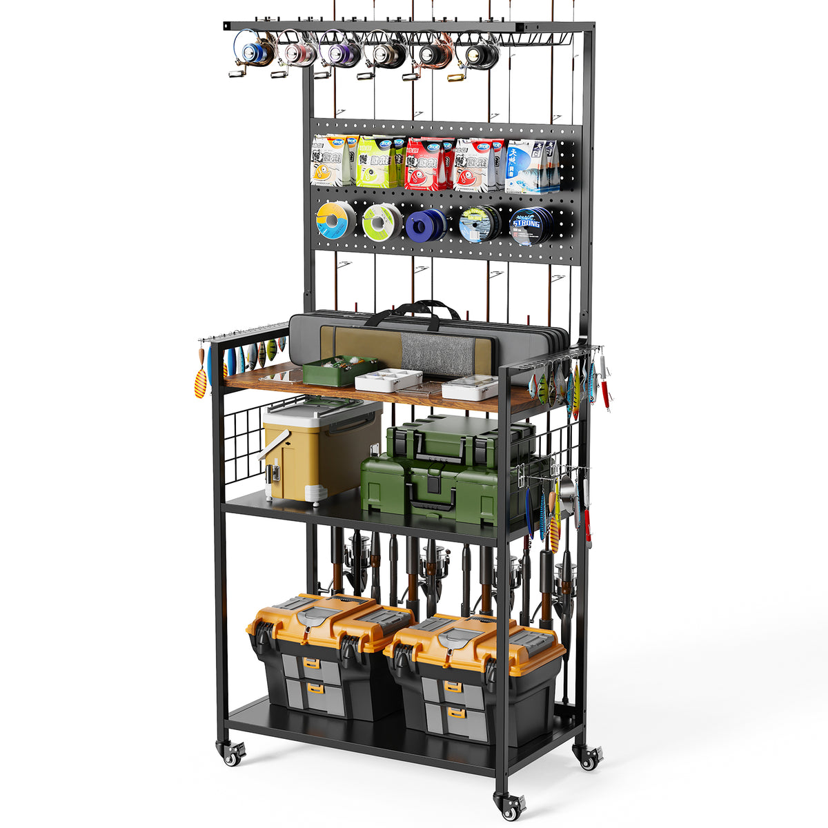 Black Fishing Rod Storage Rack with Pegboard Organizer