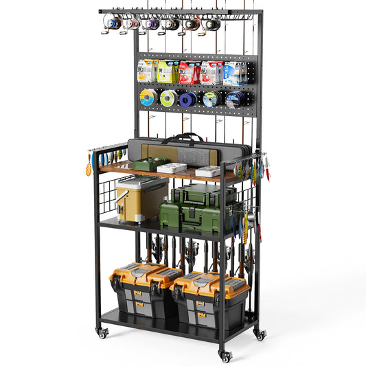 Black Fishing Rod Storage Rack with Pegboard Organizer