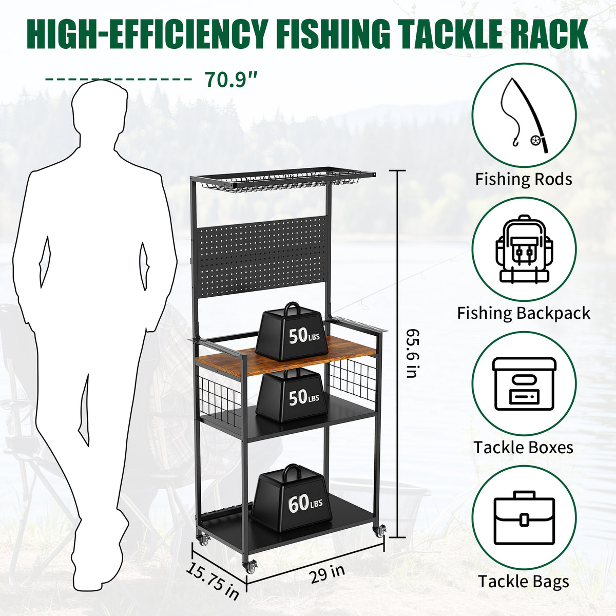 Black Fishing Rod Storage Rack with Pegboard Organizer
