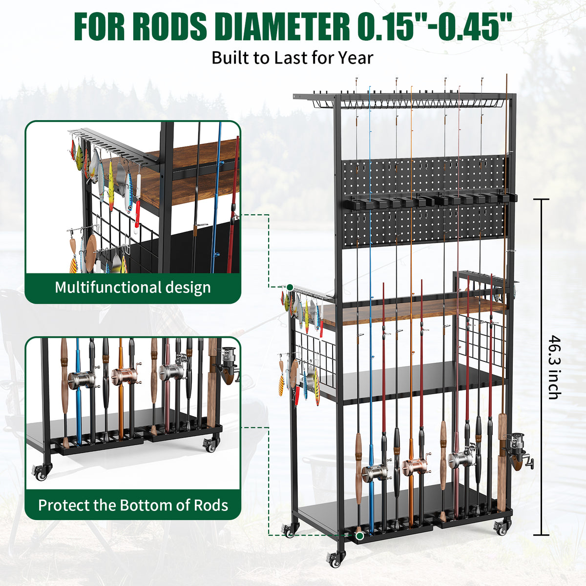 Black Fishing Rod Storage Rack with Pegboard Organizer