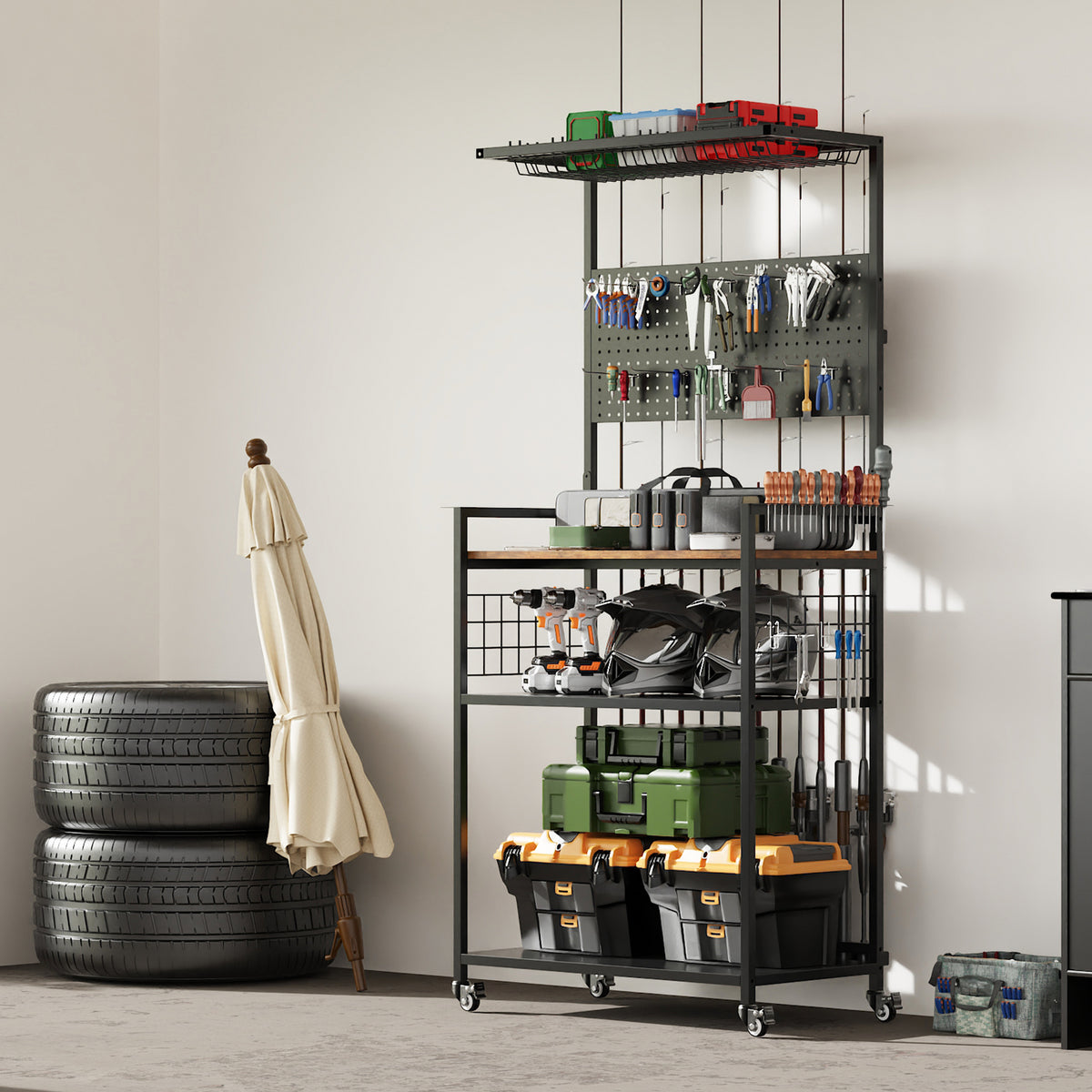 Black Fishing Rod Storage Rack with Pegboard Organizer