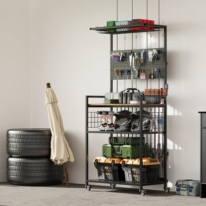 Black Fishing Rod Storage Rack with Pegboard Organizer