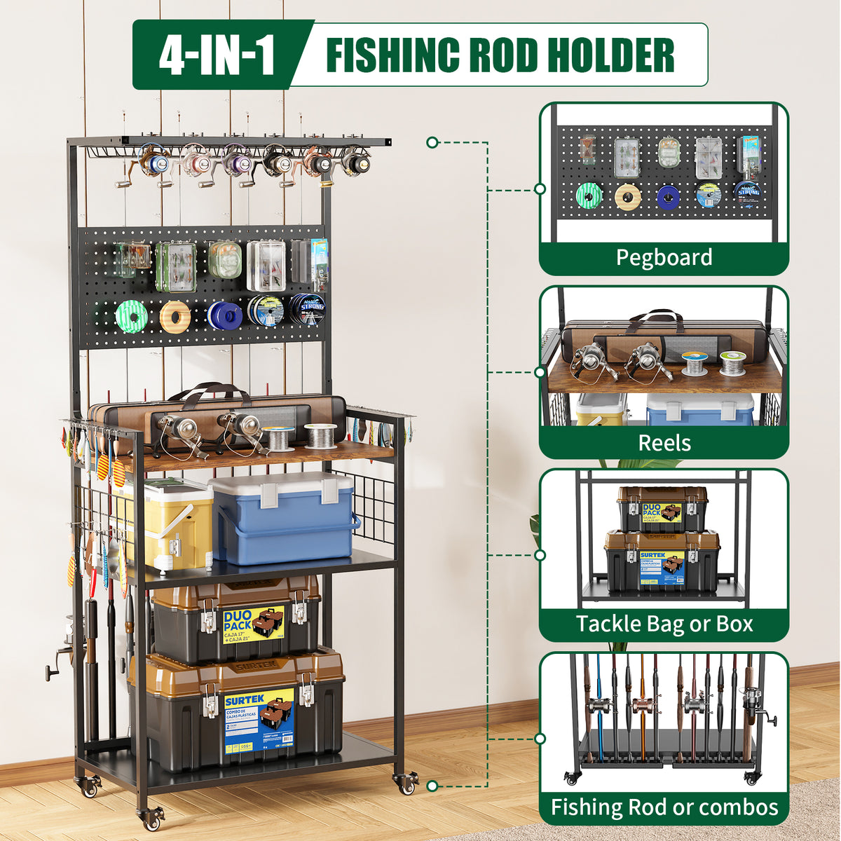 Black Fishing Rod Storage Rack with Pegboard Organizer