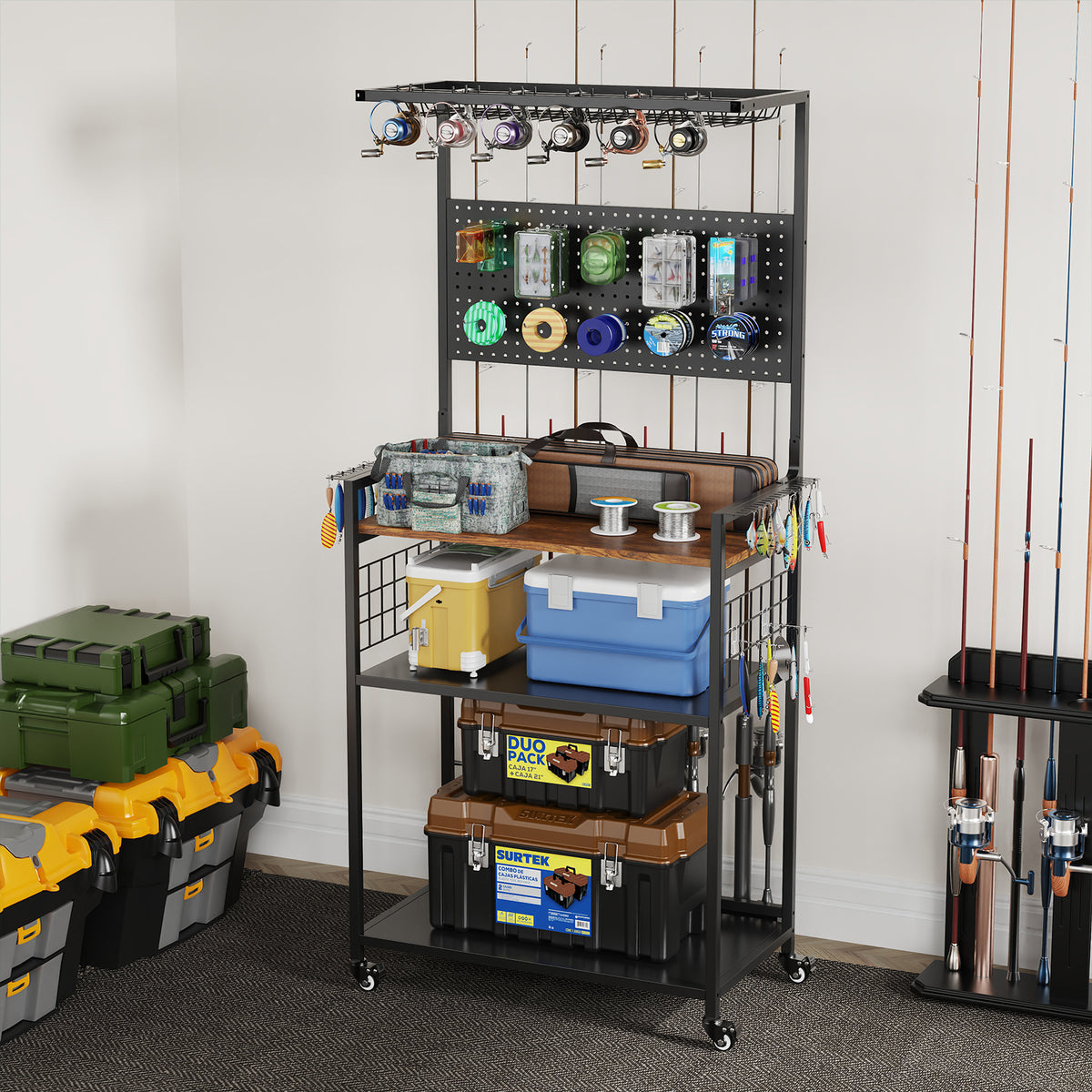 Black Fishing Rod Storage Rack with Pegboard Organizer
