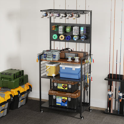 Black Fishing Rod Storage Rack with Pegboard Organizer