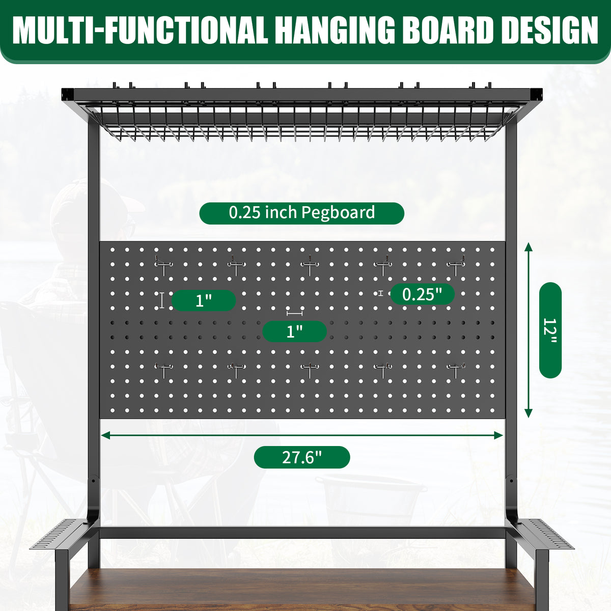 Black Fishing Rod Storage Rack with Pegboard Organizer