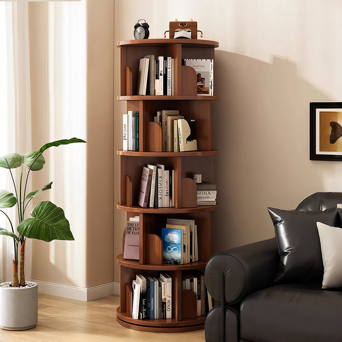 5 Tier Rotating Bookshelf - Walnut Display Tower for Living Room