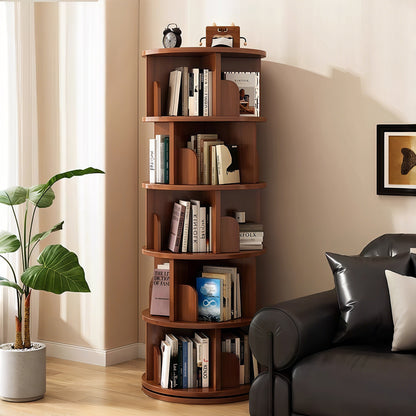5 Tier Rotating Bookshelf - Walnut Display Tower for Living Room