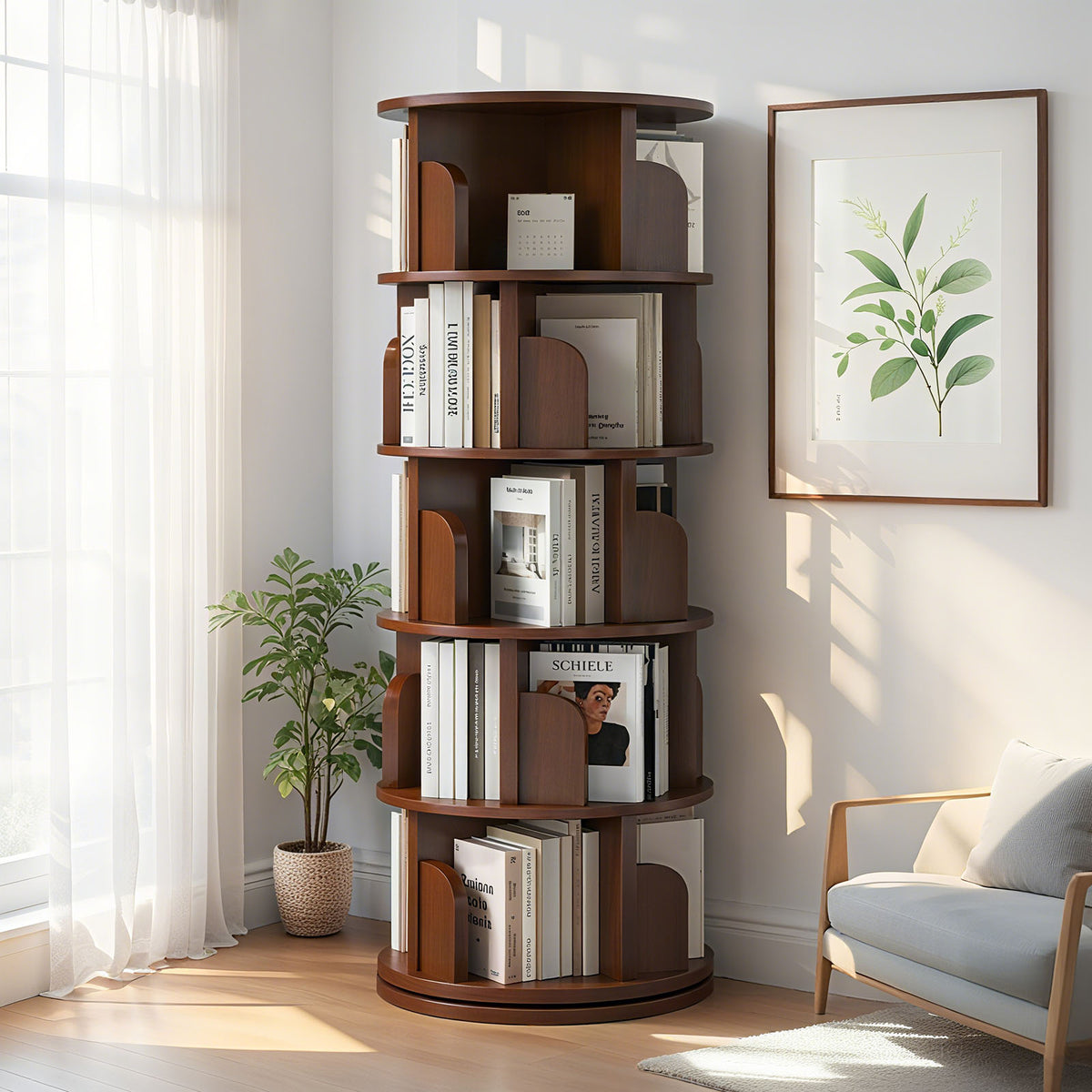5 Tier Rotating Bookshelf - Walnut Display Tower for Living Room