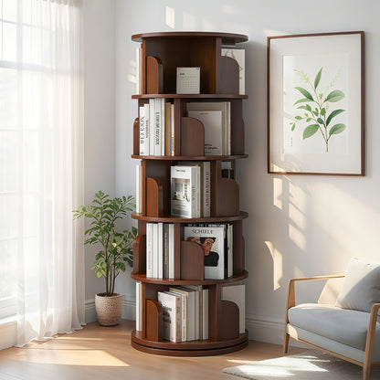 5 Tier Rotating Bookshelf - Walnut Display Tower for Living Room