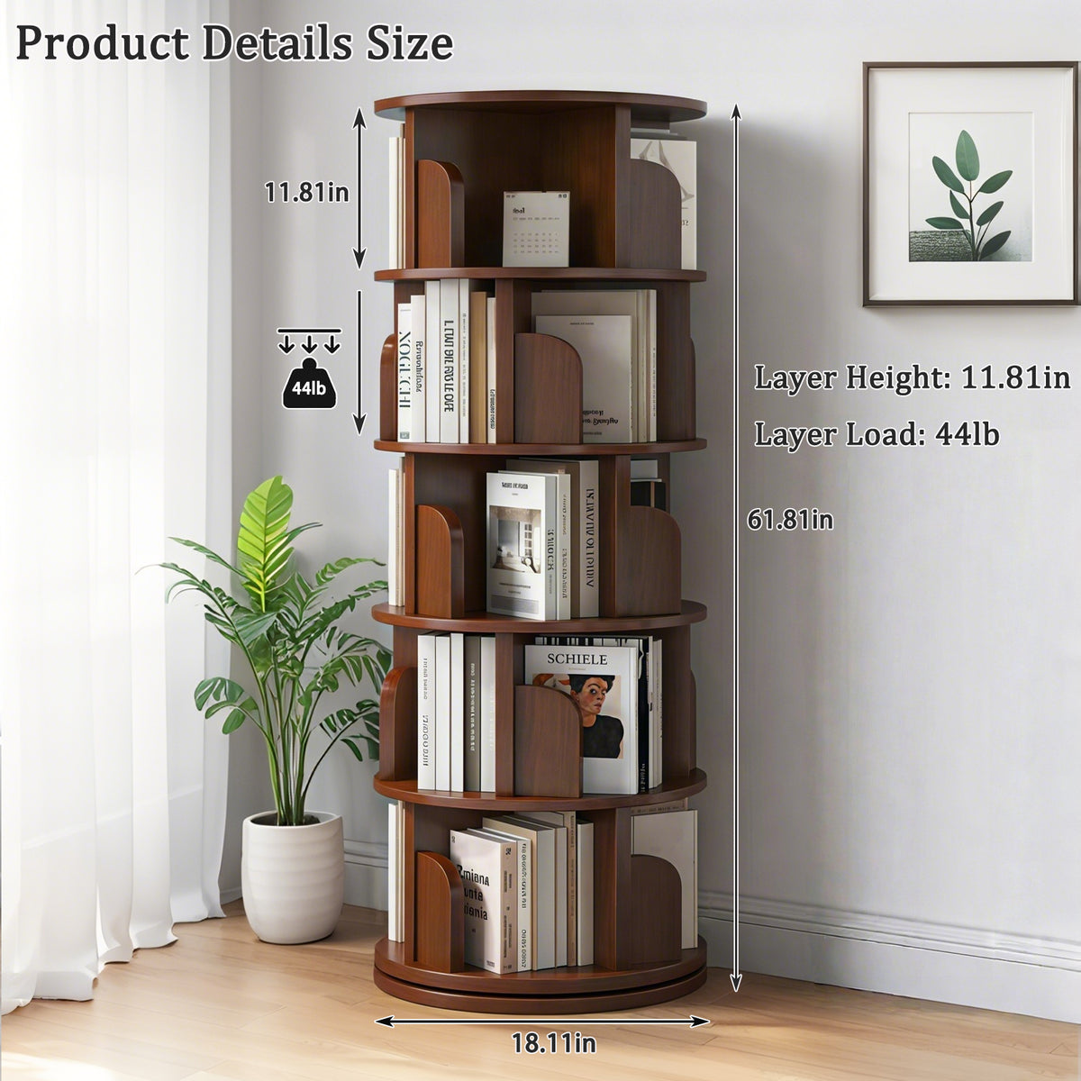 5 Tier Rotating Bookshelf - Walnut Display Tower for Living Room
