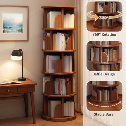 5 Tier Rotating Bookshelf - Walnut Display Tower for Living Room