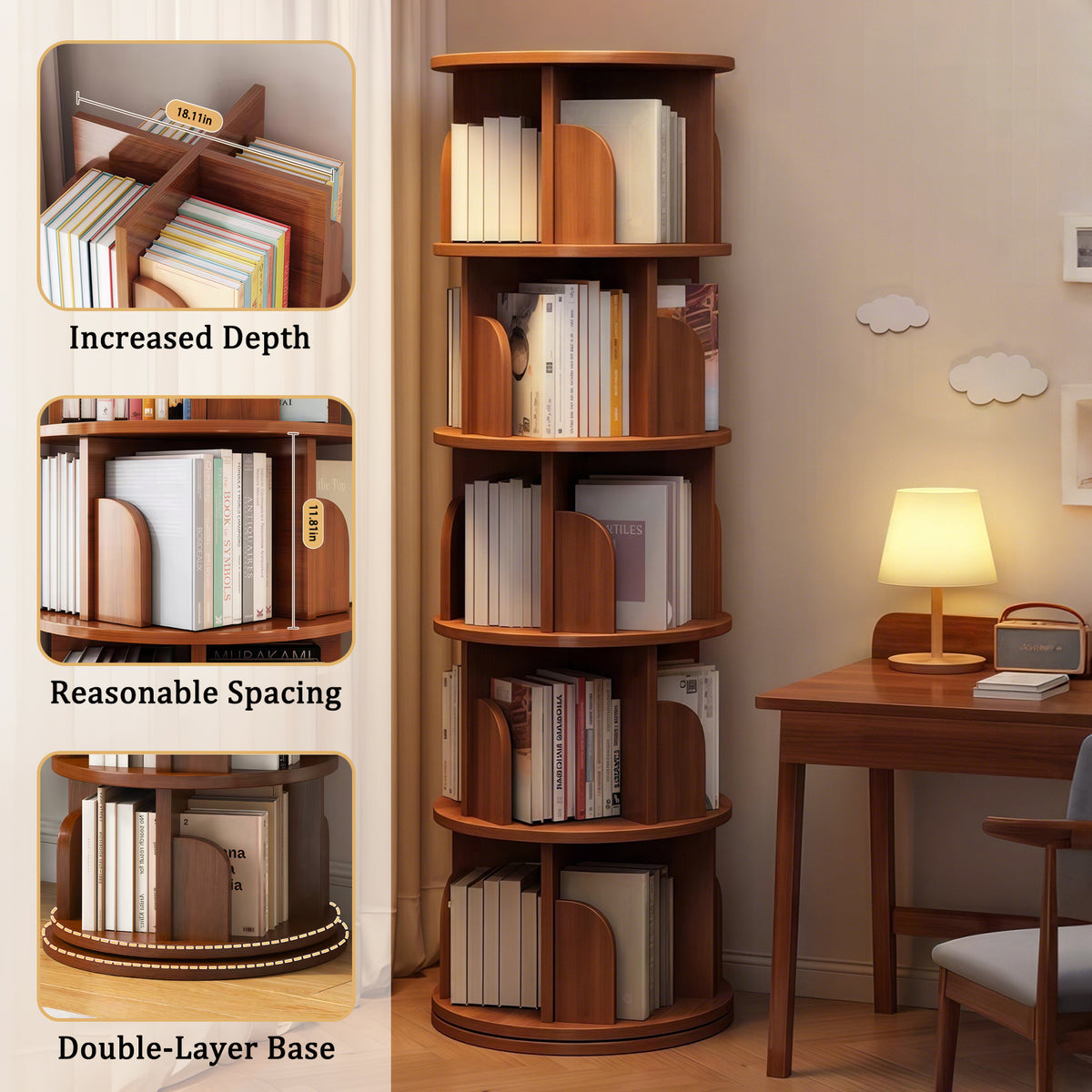 5 Tier Rotating Bookshelf - Walnut Display Tower for Living Room