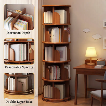 5 Tier Rotating Bookshelf - Walnut Display Tower for Living Room