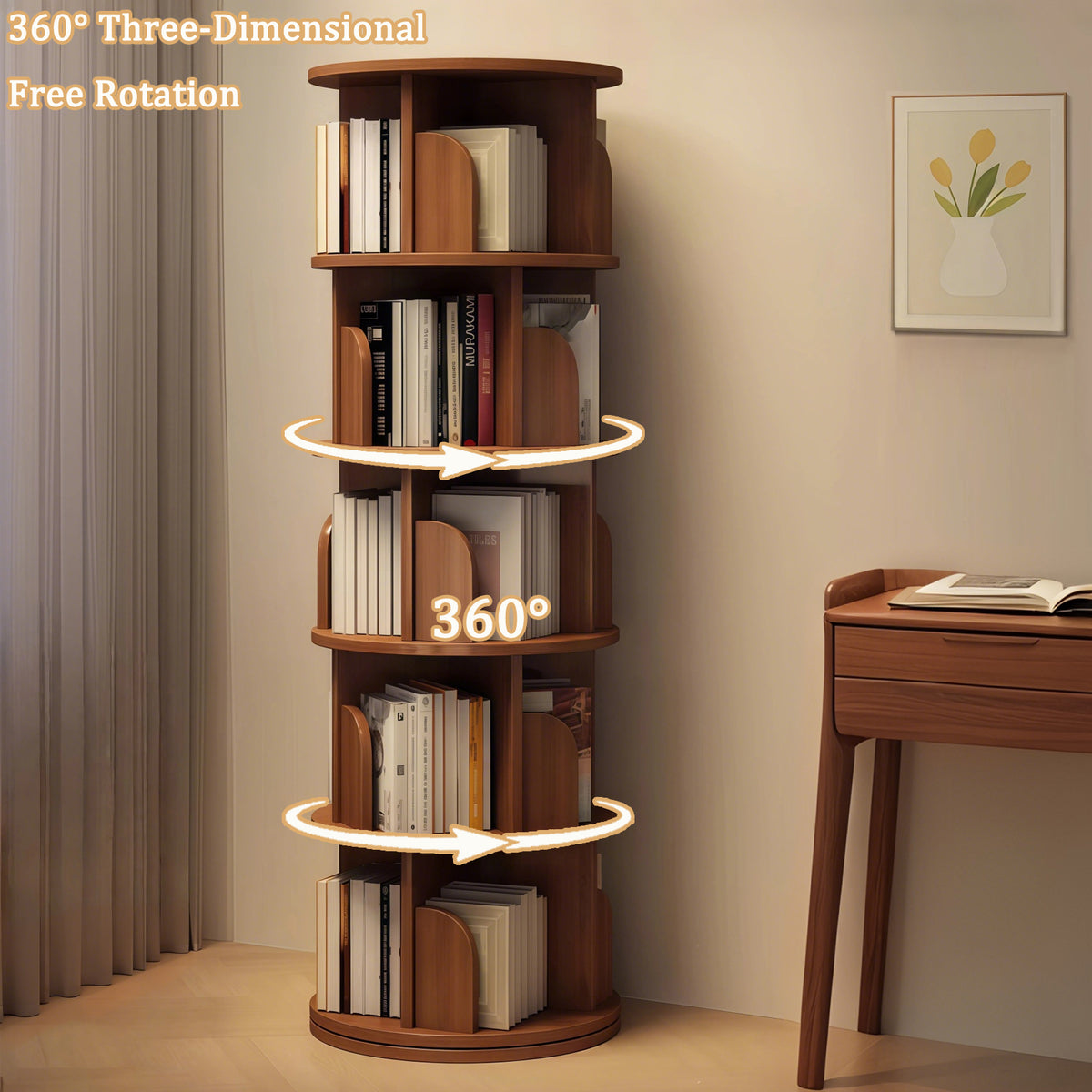 5 Tier Rotating Bookshelf - Walnut Display Tower for Living Room
