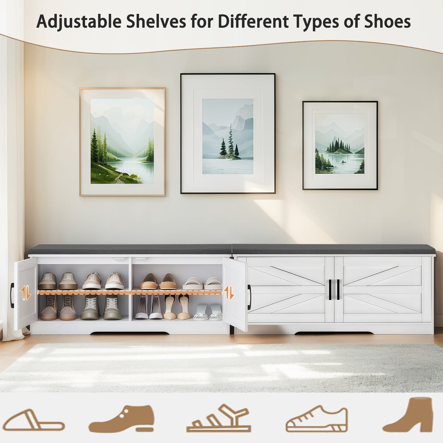 White Storage Bench with Shoe Seat - 2 Tier Entryway Bench