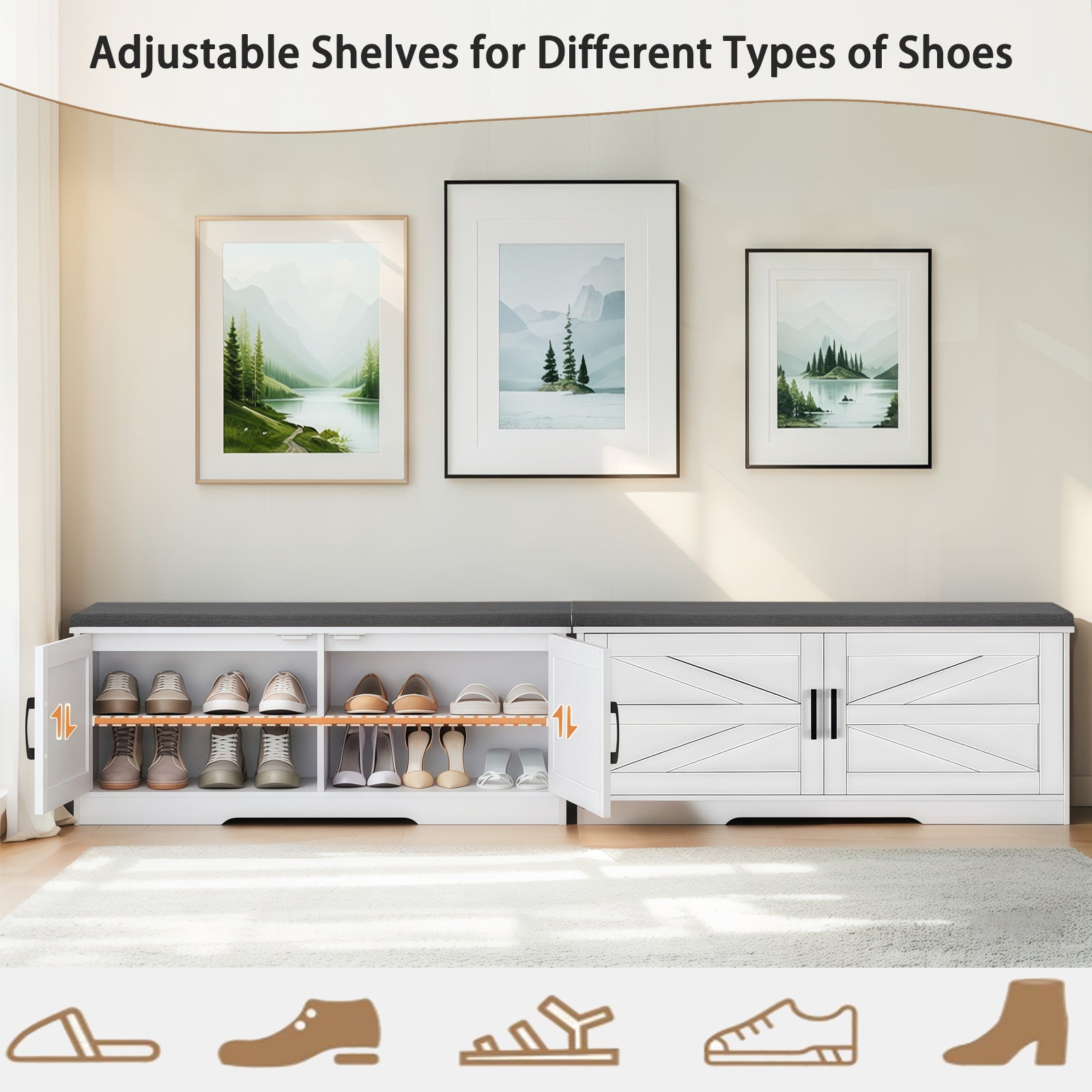 White Storage Bench with Shoe Seat - 2 Tier Entryway Bench